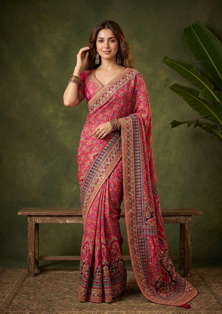 Pink Sequins Satin Saree