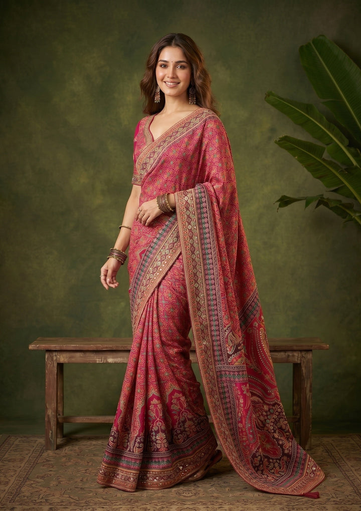 Pink Sequins Satin Saree