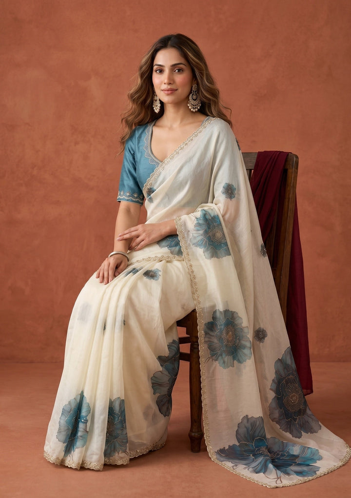 Off White Tissue Floral Printed Gold Stonework Saree With Matching Blouse Piece