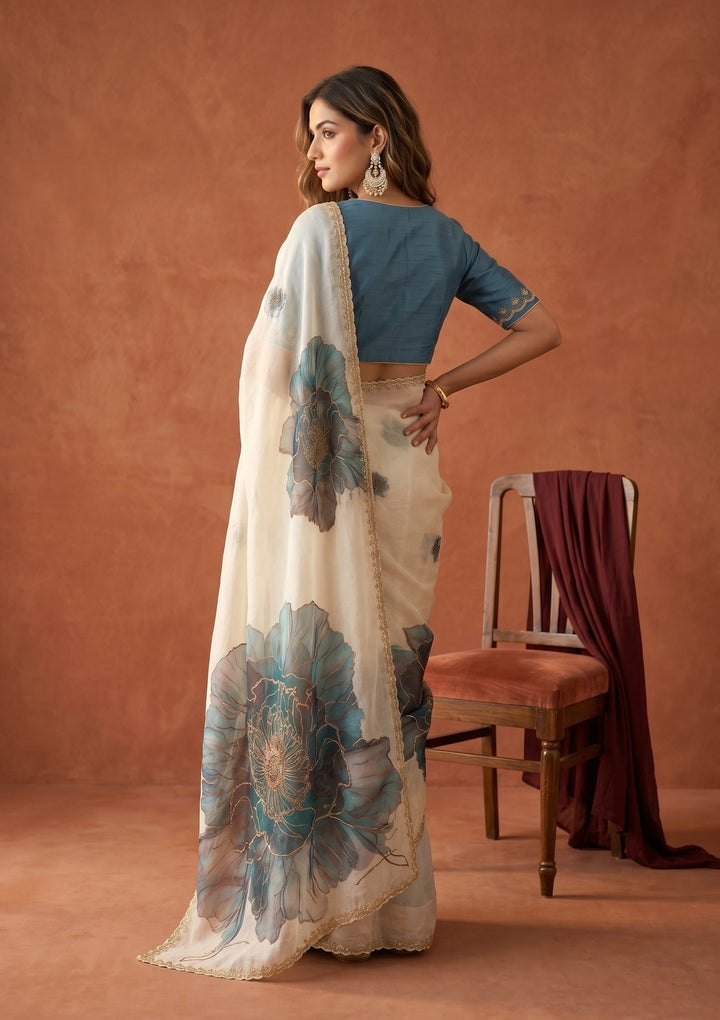 Off White Tissue Floral Printed Gold Stonework Saree With Matching Blouse Piece