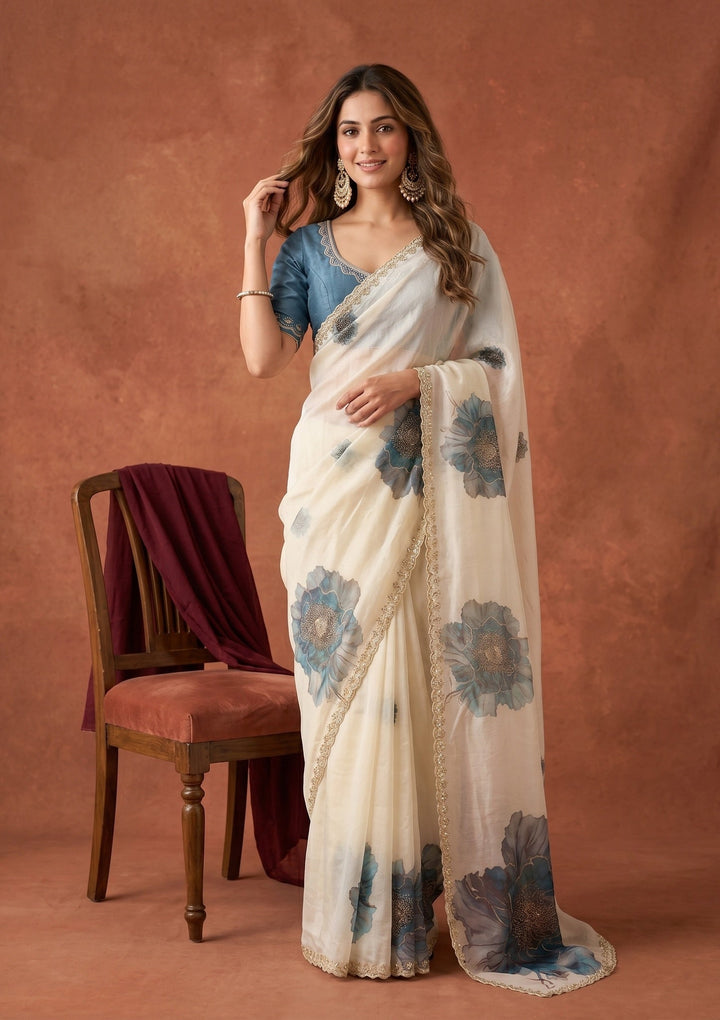 Off White Tissue Floral Printed Gold Stonework Saree With Matching Blouse Piece