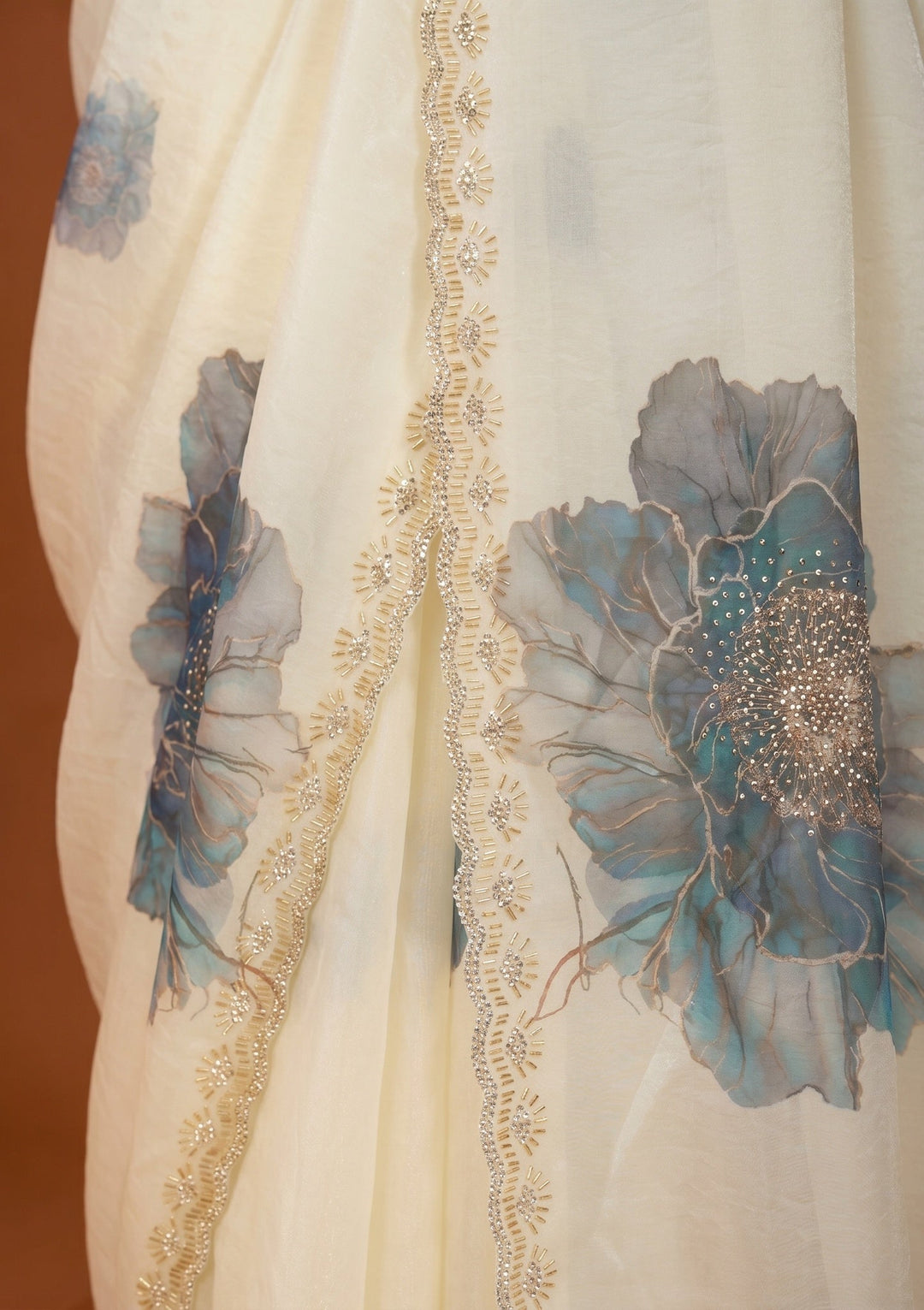 Off White Tissue Floral Printed Gold Stonework Saree With Matching Blouse Piece