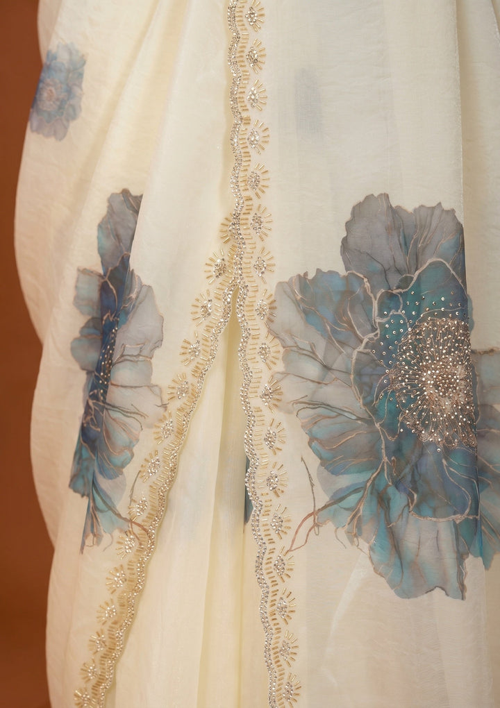 Off White Tissue Floral Printed Gold Stonework Saree With Matching Blouse Piece