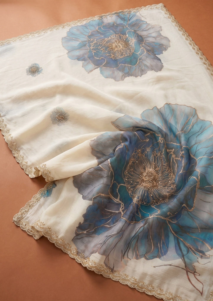 Off White Tissue Floral Printed Gold Stonework Saree With Matching Blouse Piece