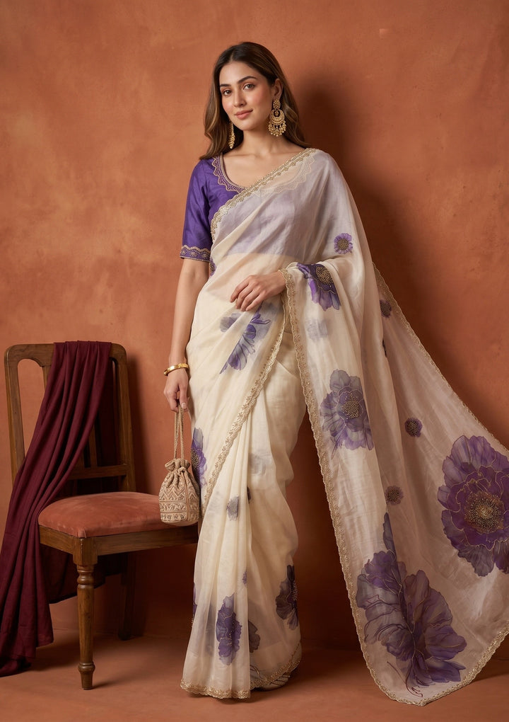 Cream Stonework (Gold) Tissue Saree