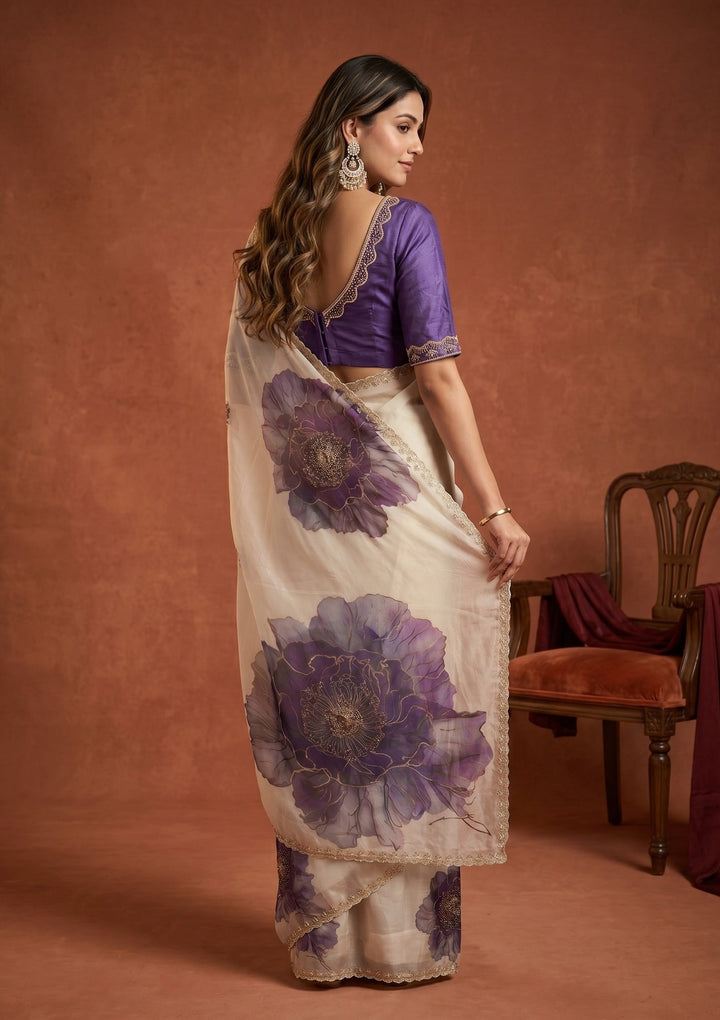 Cream Stonework (Gold) Tissue Saree