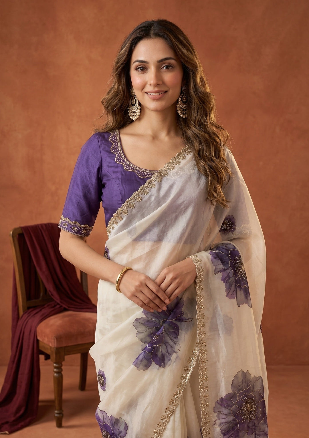 Cream Stonework (Gold) Tissue Saree