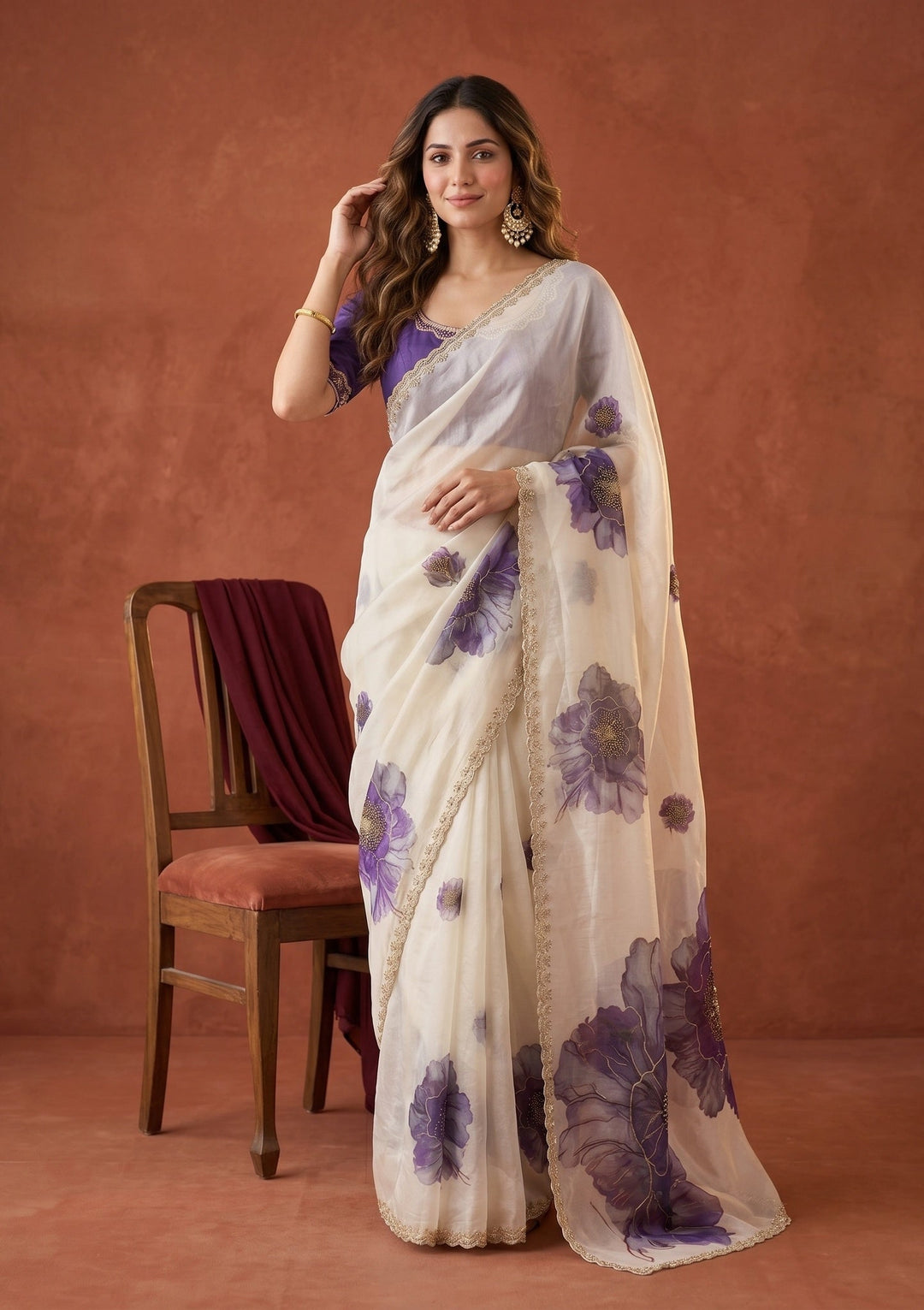 Cream Stonework (Gold) Tissue Saree