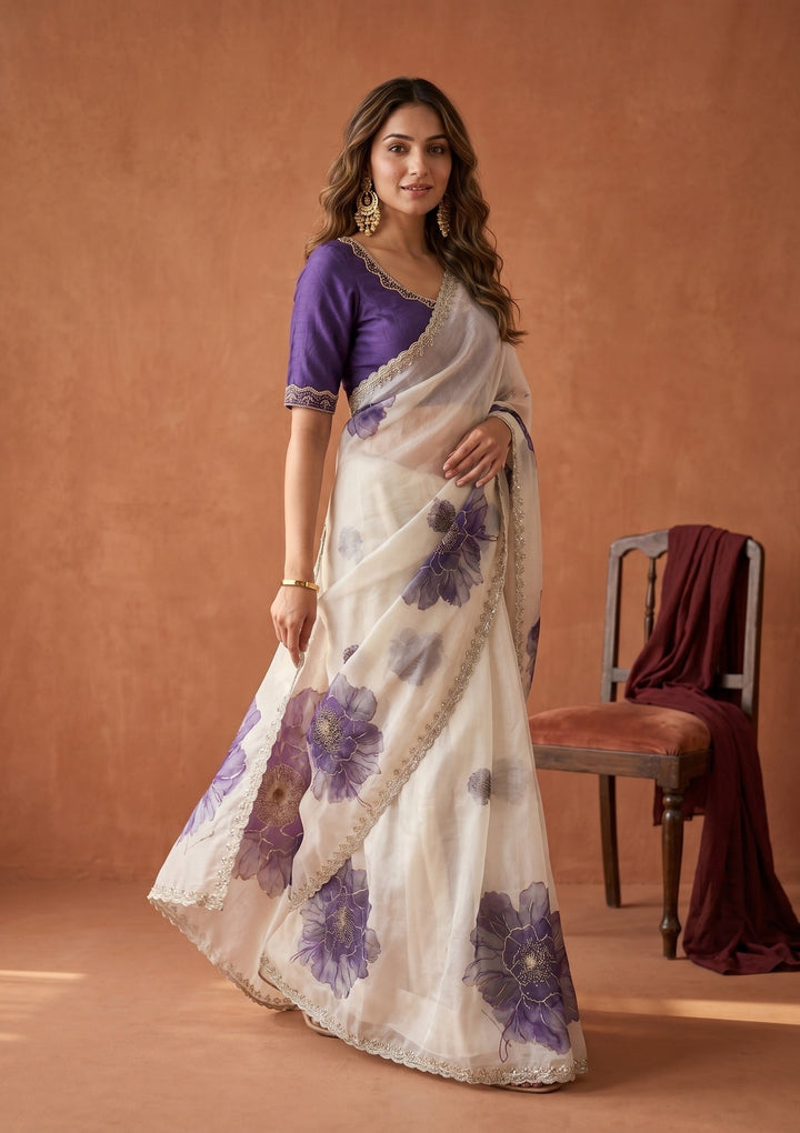 Cream Stonework (Gold) Tissue Saree