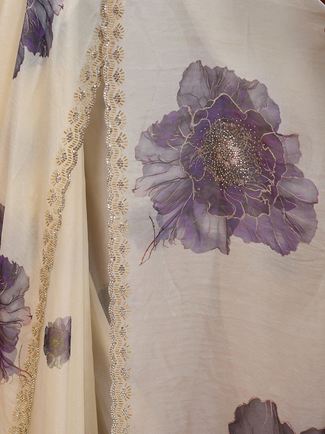 Cream Stonework (Gold) Tissue Saree