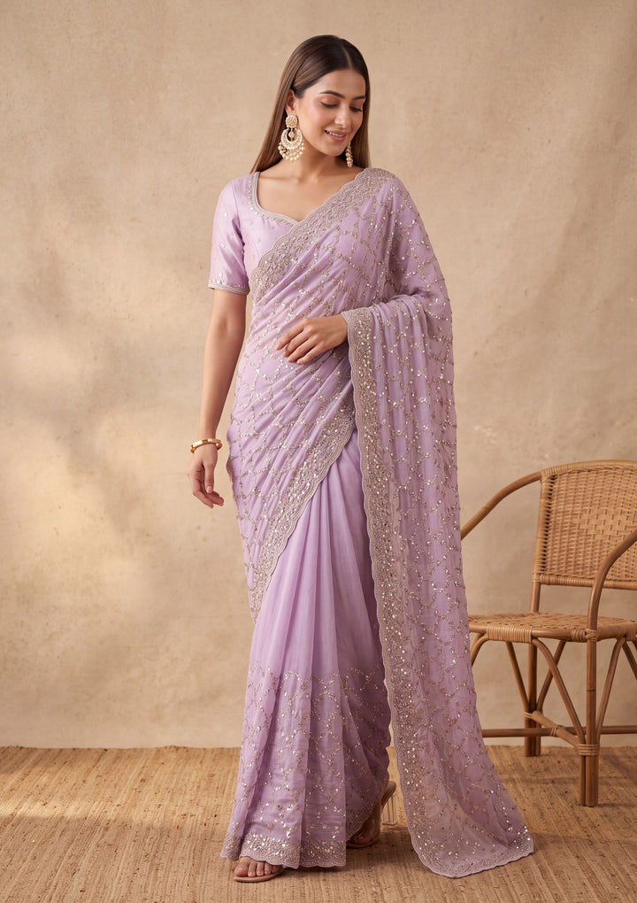 Lavender Tissue Cutdana Saree With Matching Blouse Piece