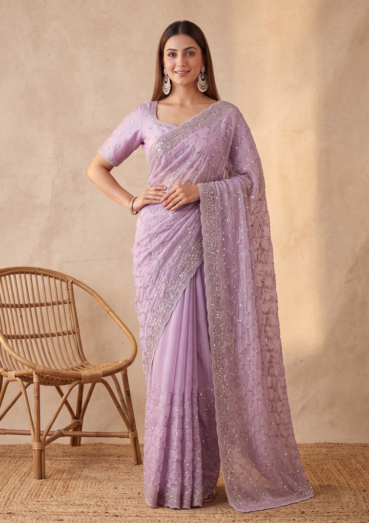 Lavender Tissue Cutdana Saree With Matching Blouse Piece