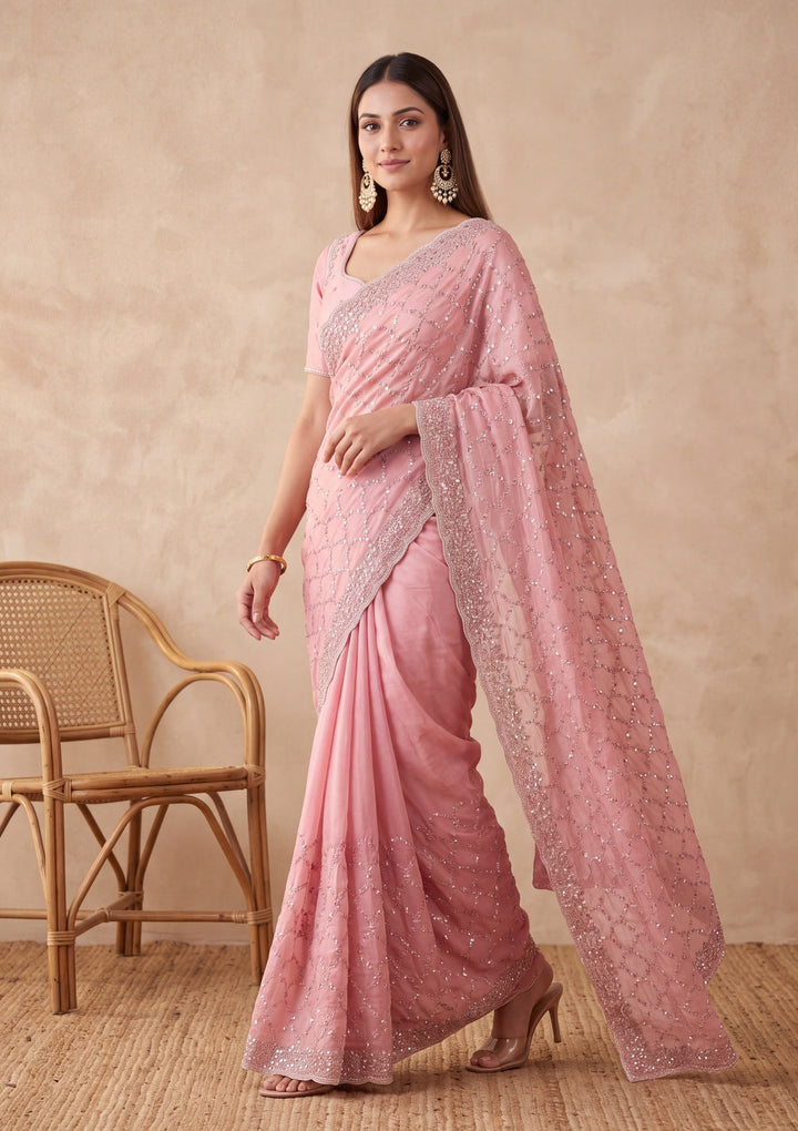 Pink Tissue Cutdana Saree With Matching Blouse Piece