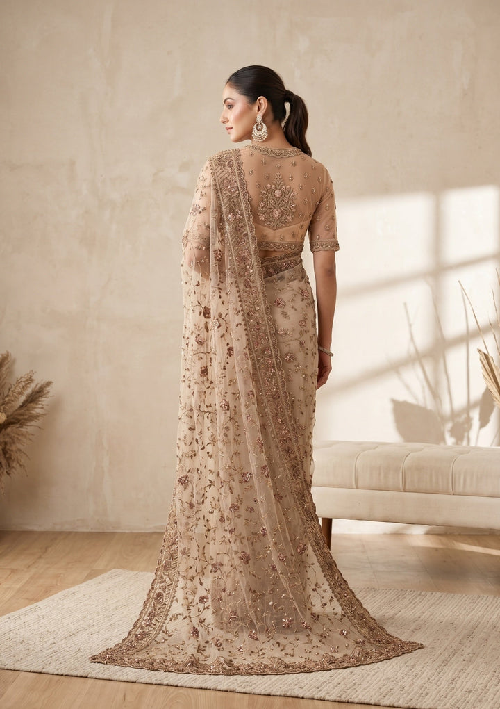 Beige Cording Net Saree
