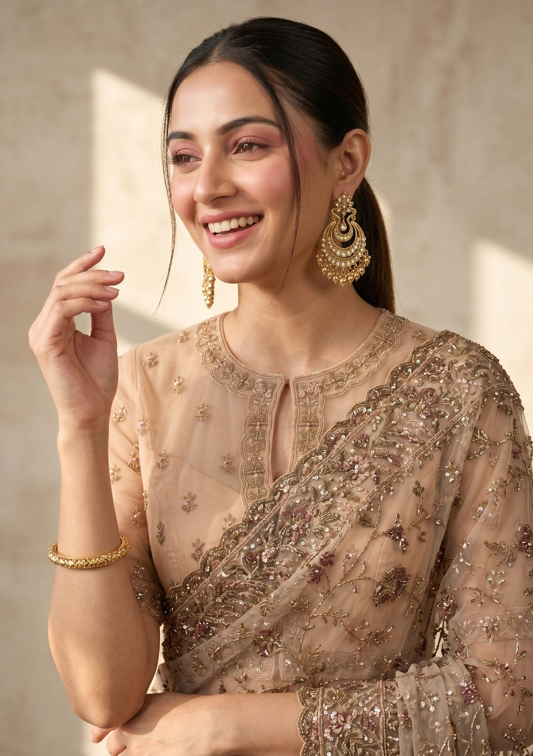 Beige Cording Net Saree