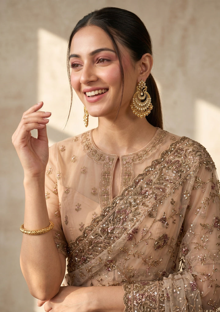Beige Cording Net Saree