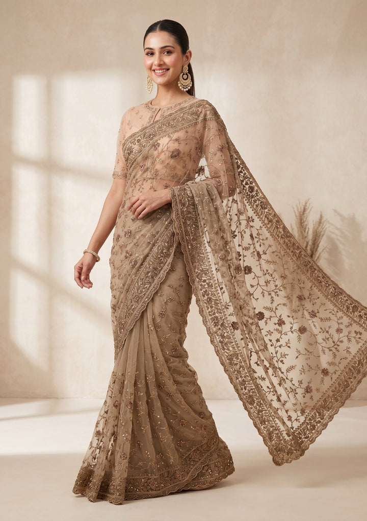 Beige Cording Net Saree