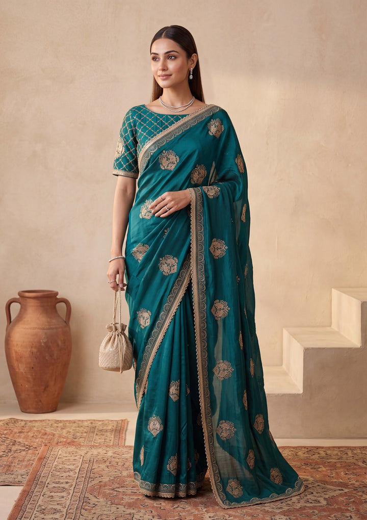 Peacock Blue Satin Gold Zariwork Saree With Matching Blouse Piece