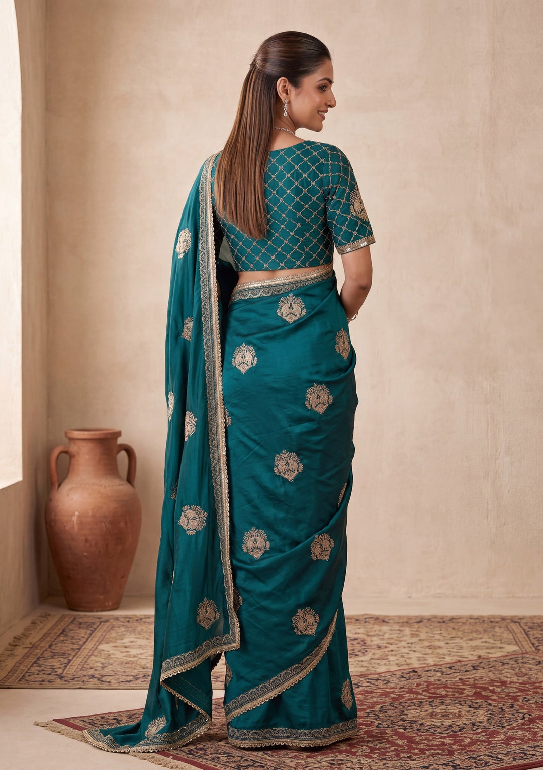 Peacock Blue Satin Gold Zariwork Saree With Matching Blouse Piece