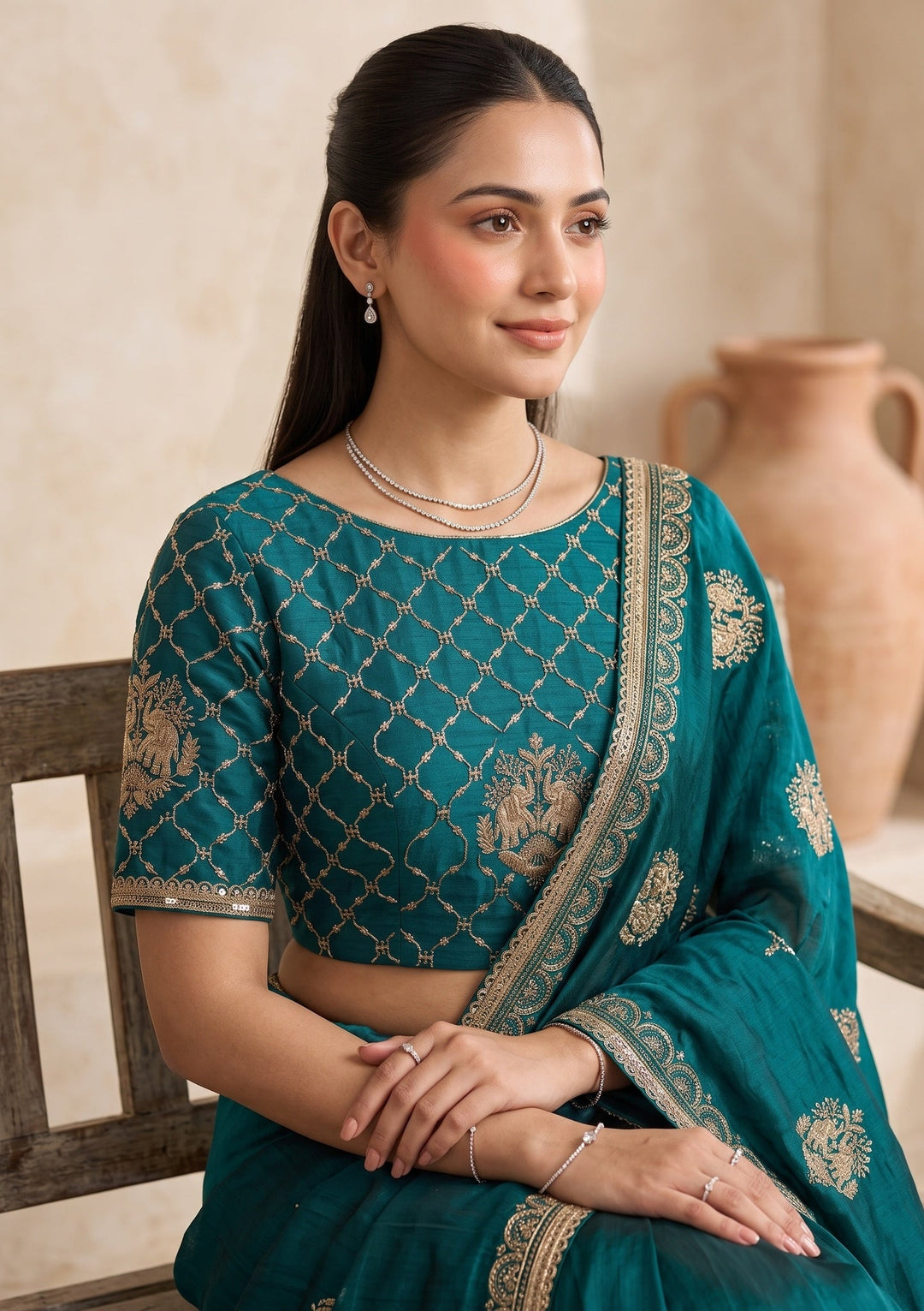 Peacock Blue Satin Gold Zariwork Saree With Matching Blouse Piece