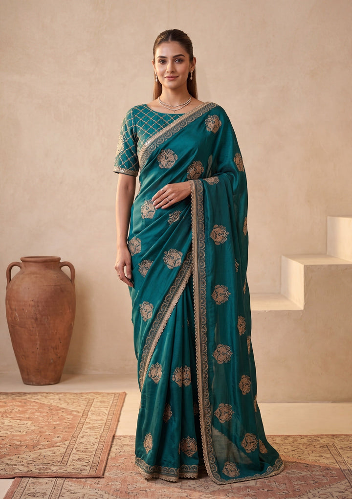 Peacock Blue Satin Gold Zariwork Saree With Matching Blouse Piece