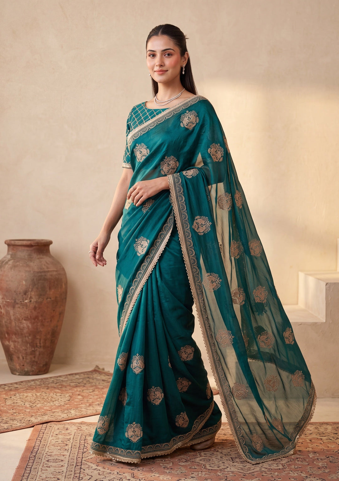 Peacock Blue Satin Gold Zariwork Saree With Matching Blouse Piece
