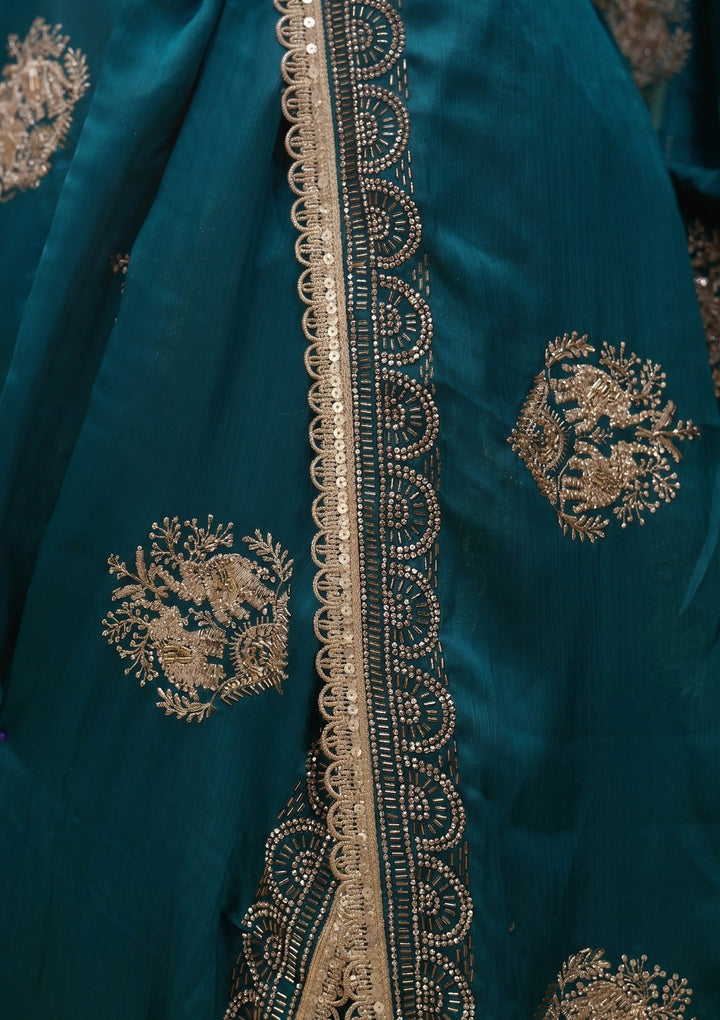 Peacock Blue Satin Gold Zariwork Saree With Matching Blouse Piece