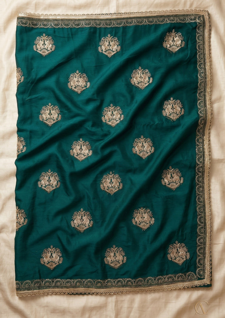 Peacock Blue Satin Gold Zariwork Saree With Matching Blouse Piece