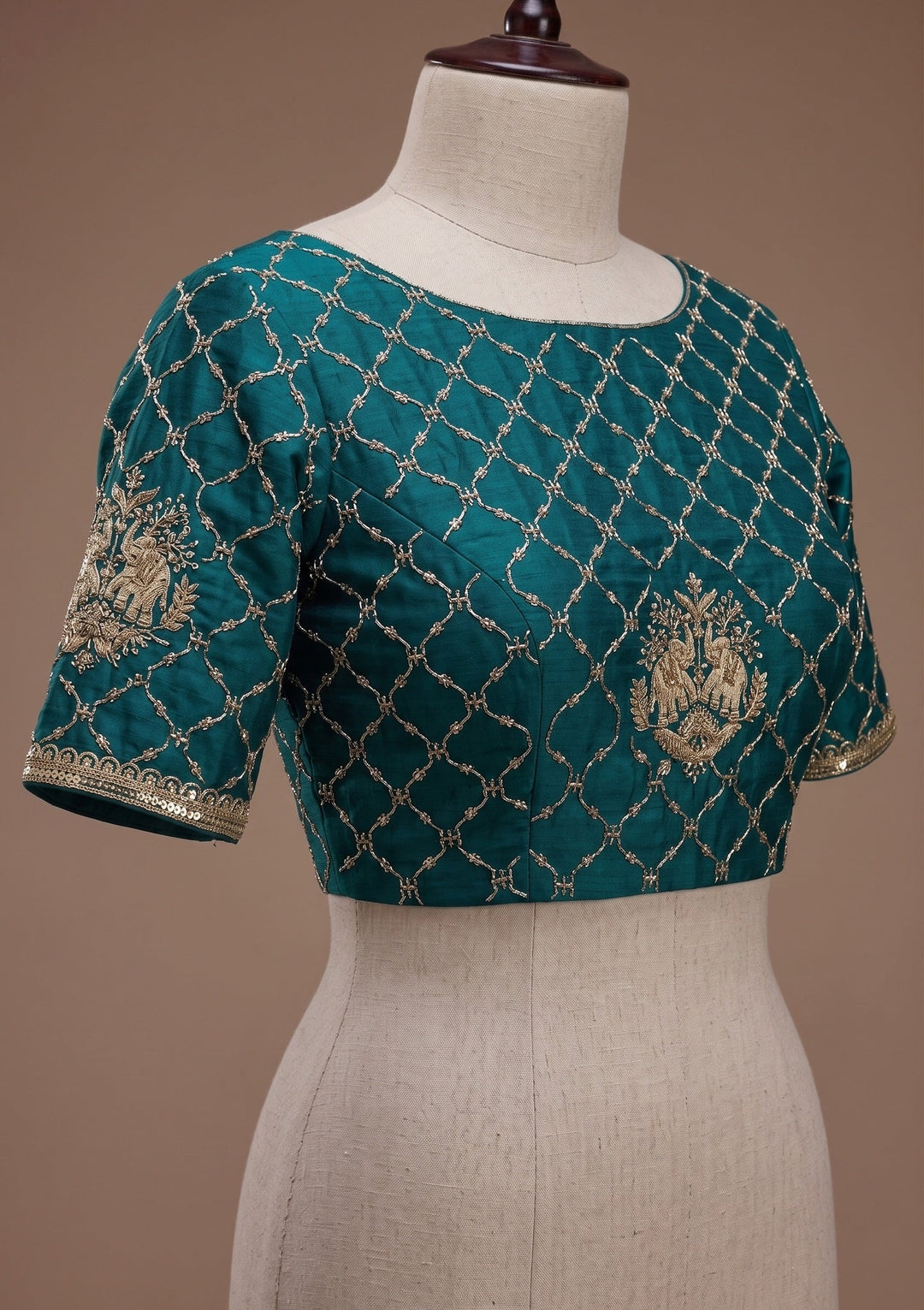 Peacock Blue Satin Gold Zariwork Saree With Matching Blouse Piece