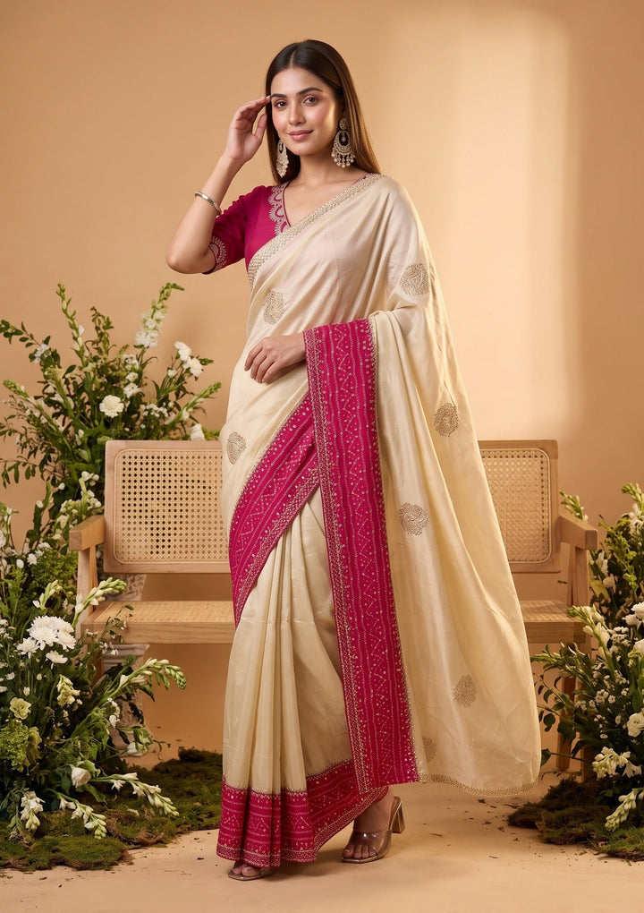 Beige Tissue Bandhej Cutdana Saree With Matching Blouse Piece