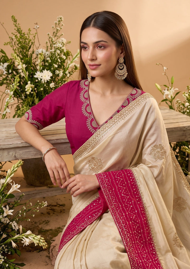 Beige Tissue Bandhej Cutdana Saree With Matching Blouse Piece