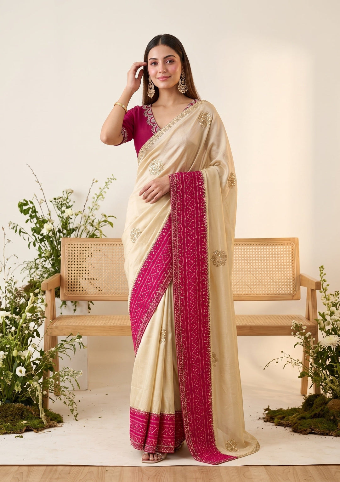 Beige Tissue Bandhej Cutdana Saree With Matching Blouse Piece
