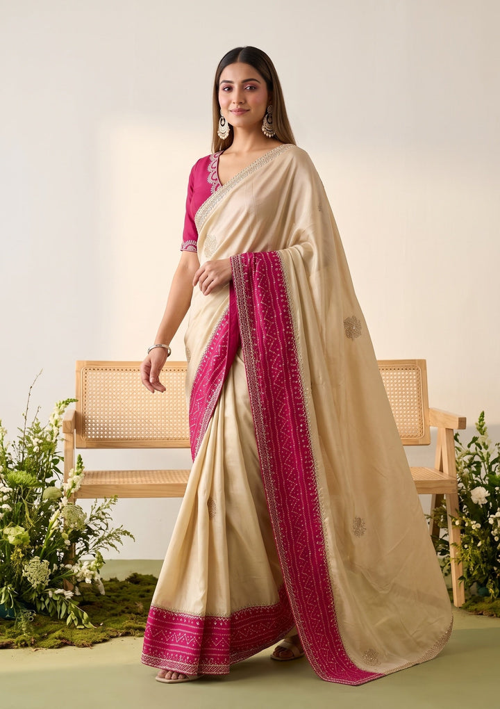 Beige Tissue Bandhej Cutdana Saree With Matching Blouse Piece