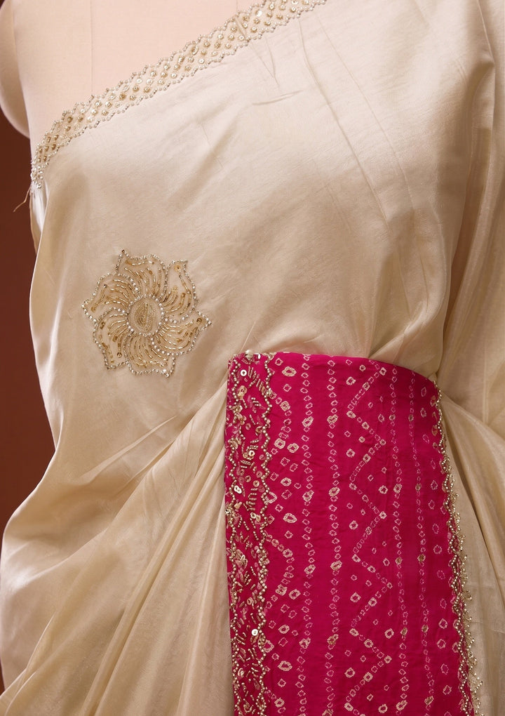 Beige Tissue Bandhej Cutdana Saree With Matching Blouse Piece