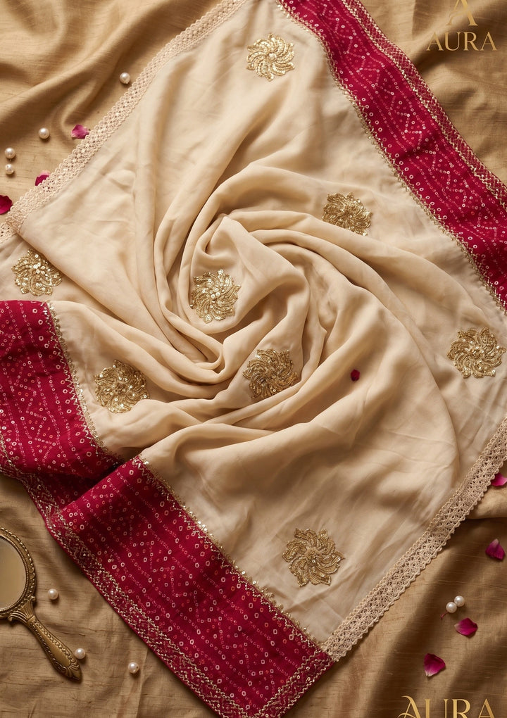 Beige Tissue Bandhej Cutdana Saree With Matching Blouse Piece