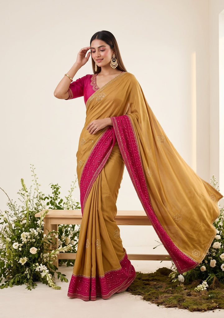 Mustard Yellow Tissue Bandhej Cutdana Saree With Matching Blouse Piece