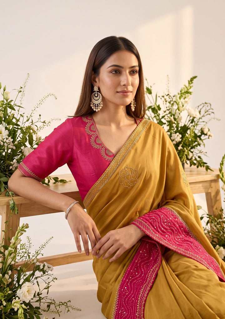 Mustard Yellow Tissue Bandhej Cutdana Saree With Matching Blouse Piece