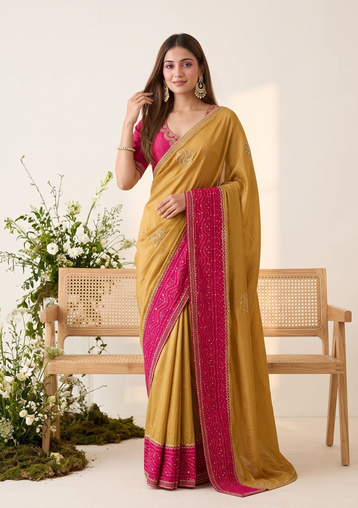 Mustard Yellow Tissue Bandhej Cutdana Saree With Matching Blouse Piece