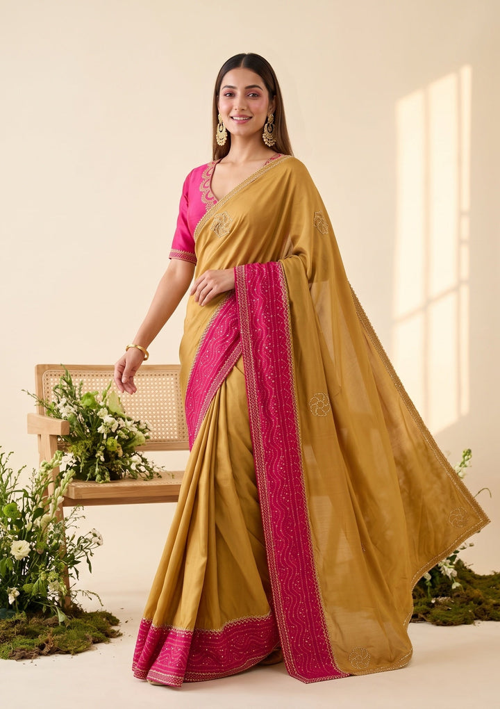 Mustard Yellow Tissue Bandhej Cutdana Saree With Matching Blouse Piece