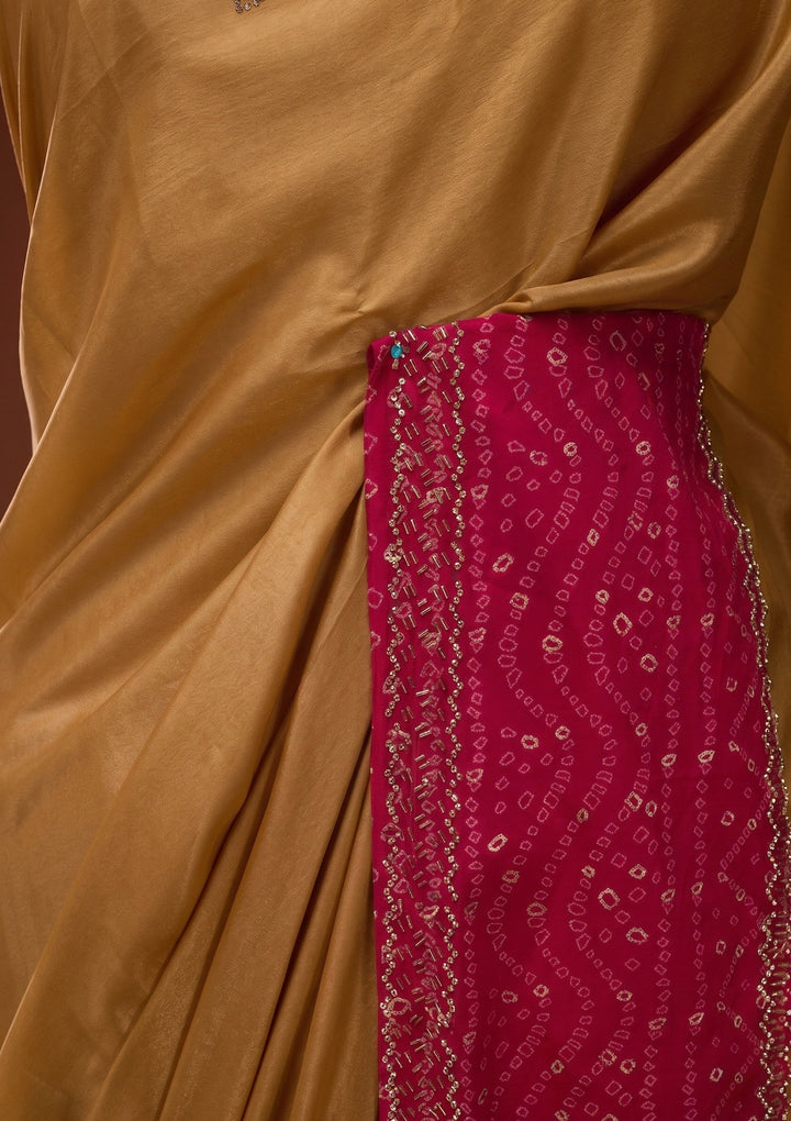 Mustard Yellow Tissue Bandhej Cutdana Saree With Matching Blouse Piece