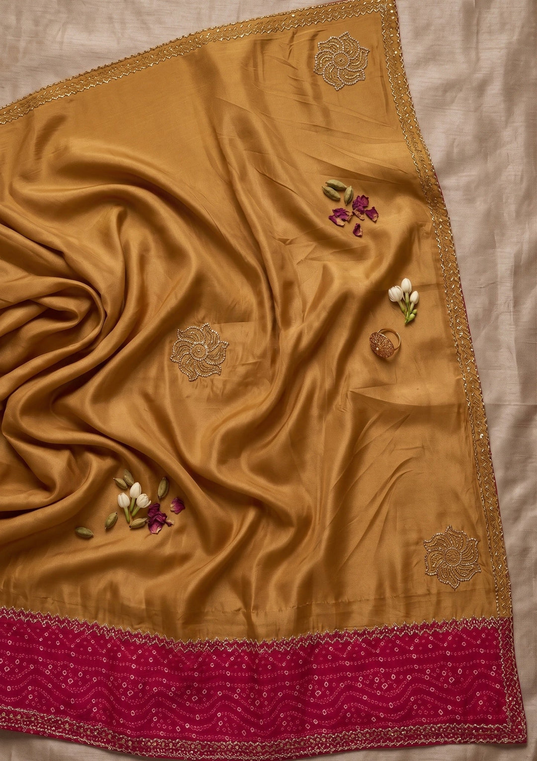 Mustard Yellow Tissue Bandhej Cutdana Saree With Matching Blouse Piece