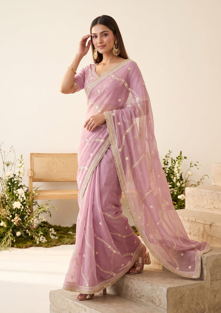 Lavender Georgette Threadwork Saree With Matching Blouse Piece