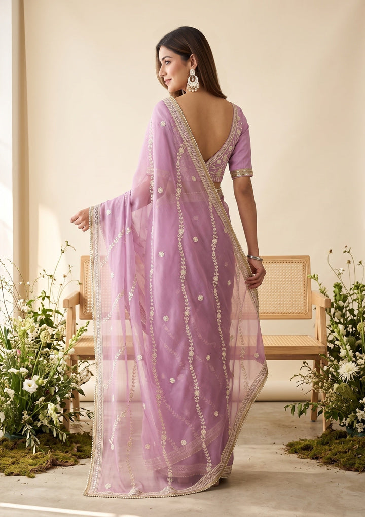 Lavender Georgette Threadwork Saree With Matching Blouse Piece