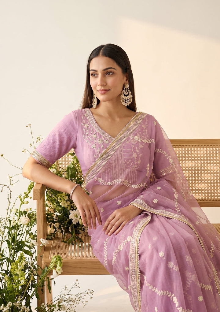 Lavender Georgette Threadwork Saree With Matching Blouse Piece