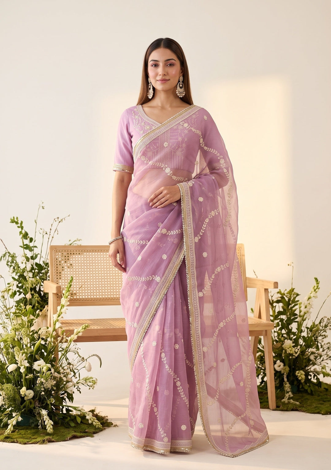 Lavender Georgette Threadwork Saree With Matching Blouse Piece