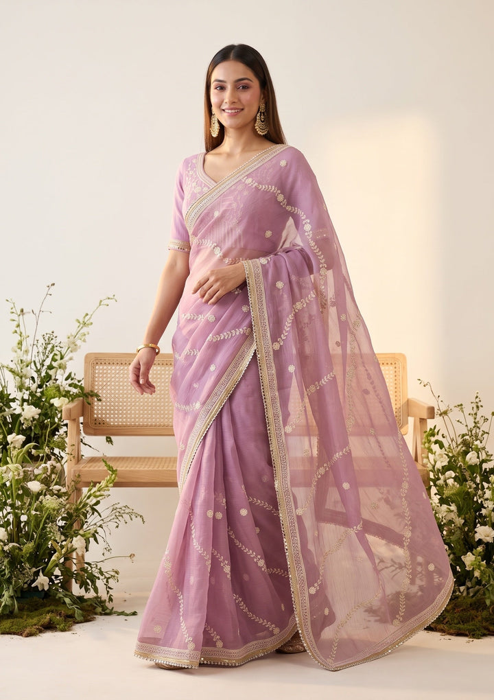 Lavender Georgette Threadwork Saree With Matching Blouse Piece