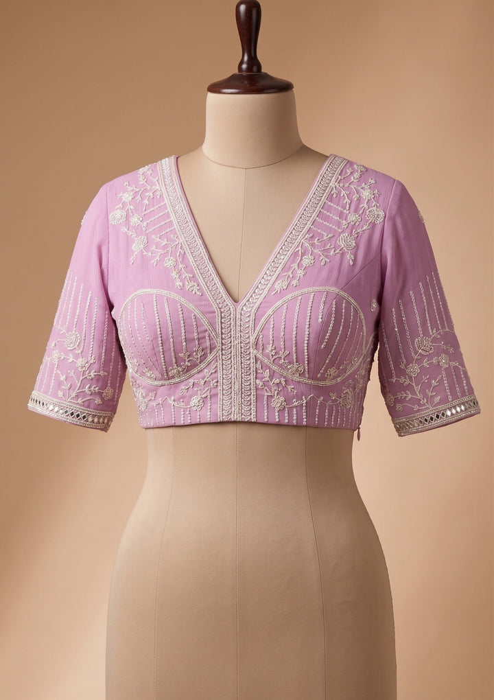 Lavender Georgette Threadwork Saree With Matching Blouse Piece