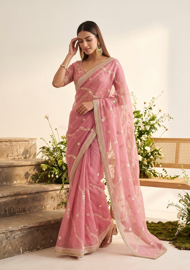 Pink Georgette Threadwork Saree With Matching Blouse Piece