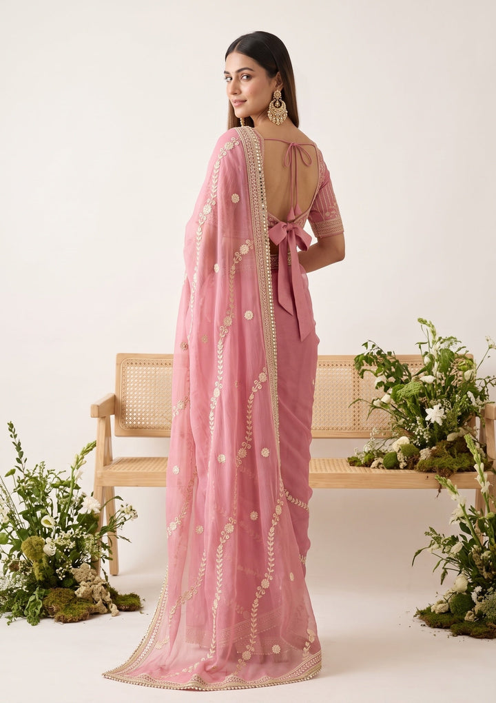Pink Georgette Threadwork Saree With Matching Blouse Piece