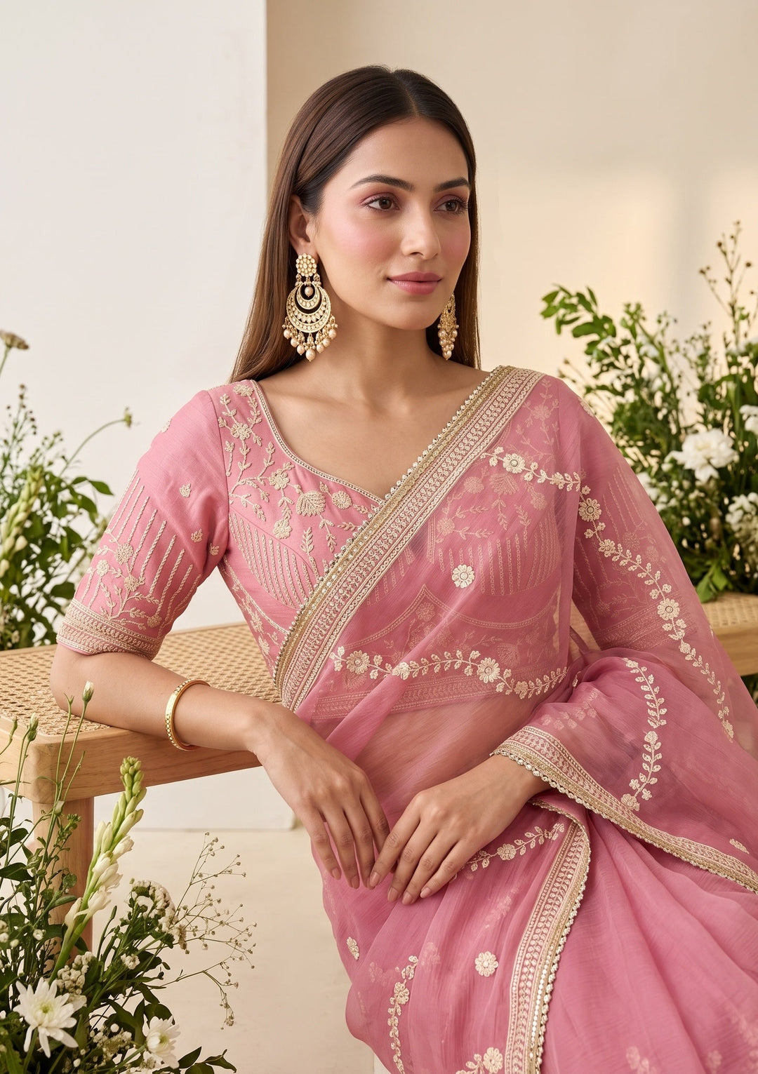 Pink Georgette Threadwork Saree With Matching Blouse Piece